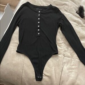 American Eagle Outfitters Black Ribbed Henley Bodysuit